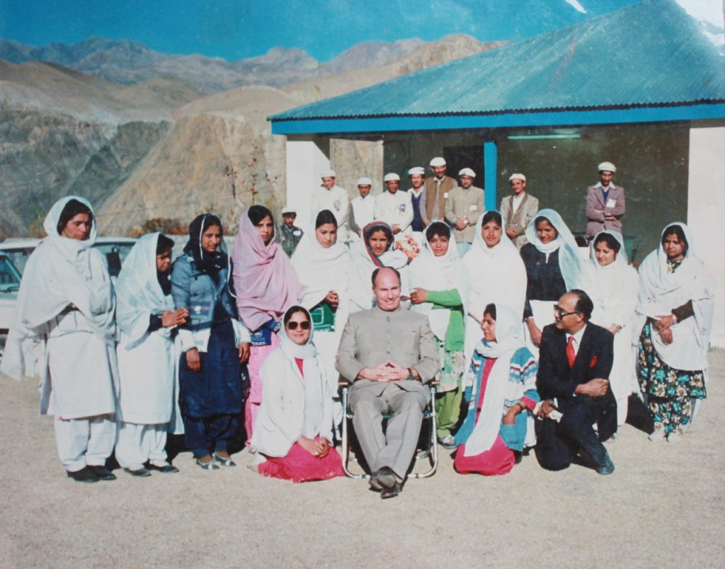 Prince Karim Aga Khan meeting nurses in Booni Chitral. Laghli Zamrud, the first lady nurse in Chitral standing on the far left