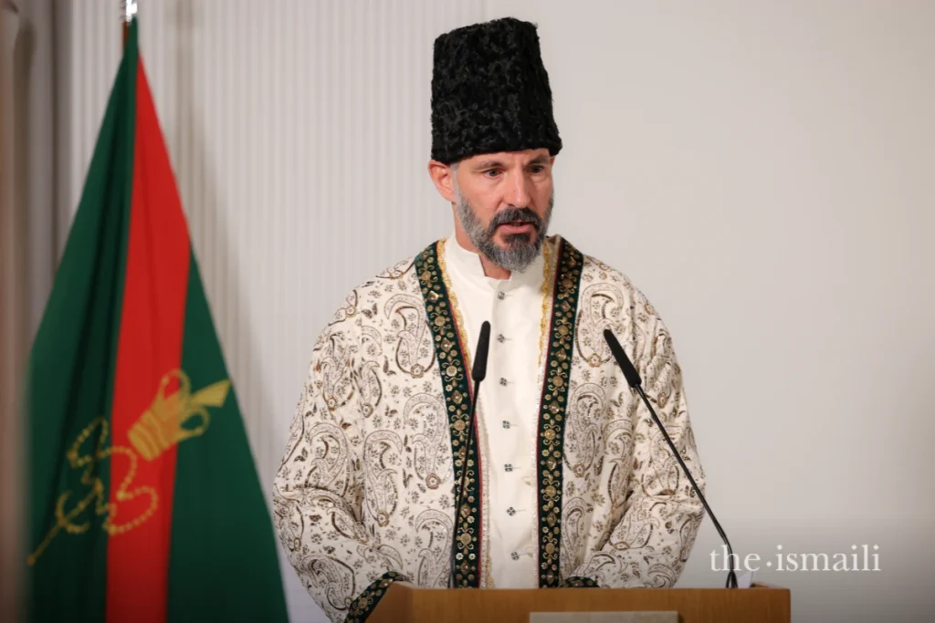 Prince Rahim Aga Khan V delivering his first speech to his community in the Takht-Nishini on 11th February 2025, Credit: The Ismaili