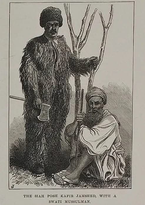 The skech of Jamshed, a Chitrali slave, dressed in goat skin was published in London News on 26 September 1874