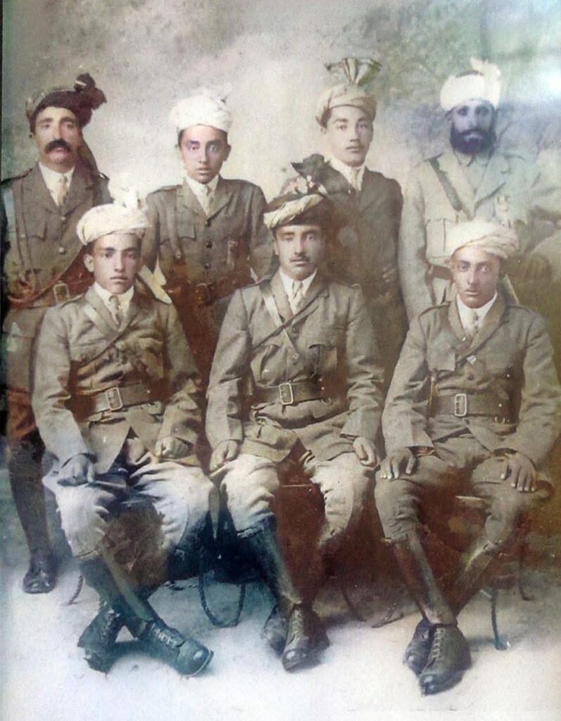 A rare photograph taken during the Third Anglo-Afghan War of 1919, which is remembered in Chitral’s history as the Battle of Birkot.
Seated, from right: Prince Muzaffar-ul-Mulk, Prince Nasir-ul-Mulk, Governor of Drosh Prince Hussam-ul-Mulk.
Standing, from right: Syed Abdul Razaq Bacha, Prince Ghaziuddin of Nagar, Governor of Mulkhow Prince Khadiwal-ul-Mulk, Mehtar Zao Khan Bahadur, former Prime Minister of Chitral State Dularam Khan. Picture Courtesy: Tanvir ul Mulk