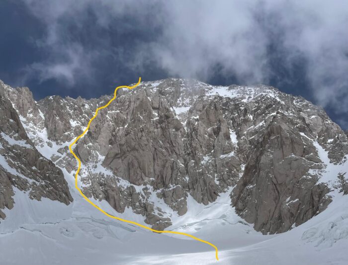 Joshi’s route on the west face of Tirich Mir. Photo and topo: Abdul Joshi