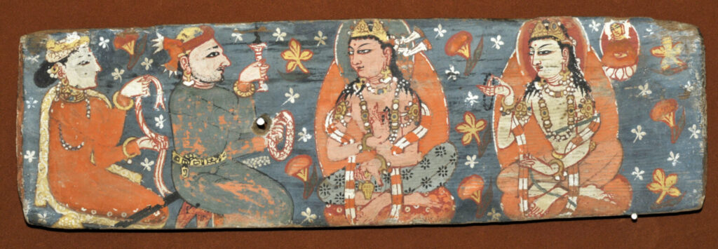 Bodhisattvas Maitreya (Buddha of the coming age) and Avalokiteshvara (Bodhisattva of compassion), two holy figures, with two Patrons (left), painted on the cover of a Gilgit manuscript preserved in Shri Pratap Singh Museum, Srinagar; Picture by R. Linrothe